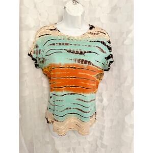 VTG TRYST Tie dye Womens large t shirt Boho Blue Orange short sleeve USA Y2K